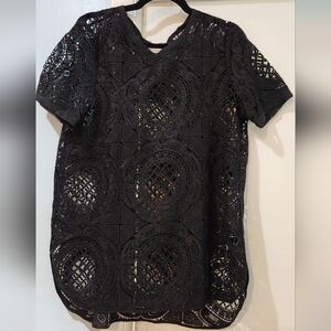 Sundance Black Crochet Lace Short Sleeve Top, Size L